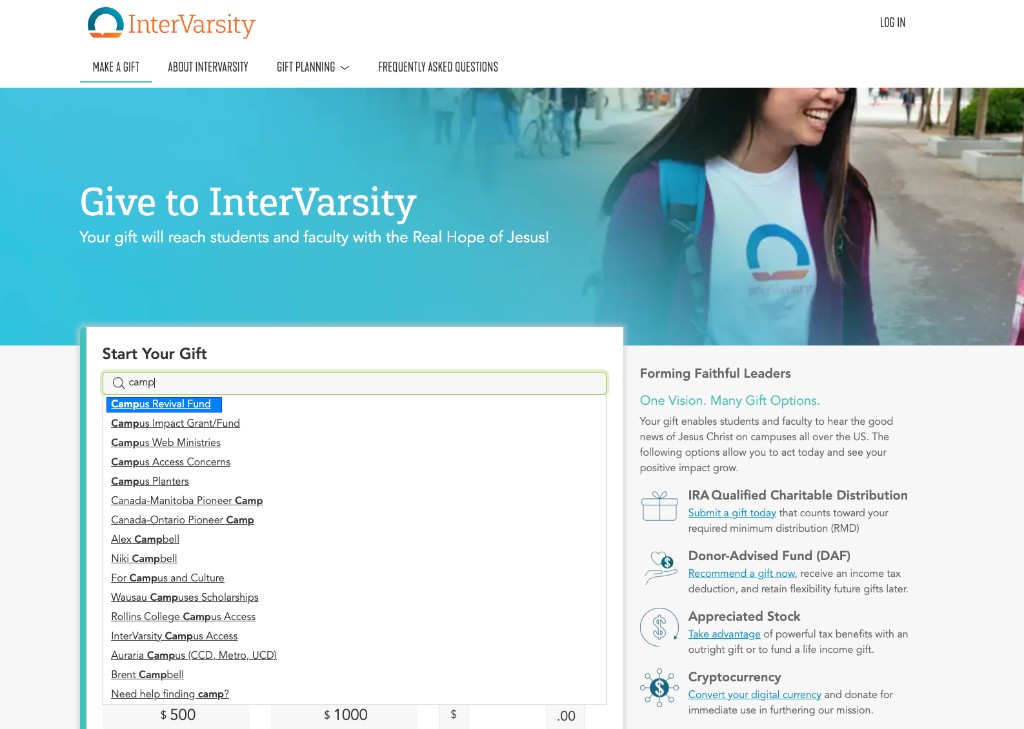 InterVarsity Make a Gift page with fund search and multiple giving options