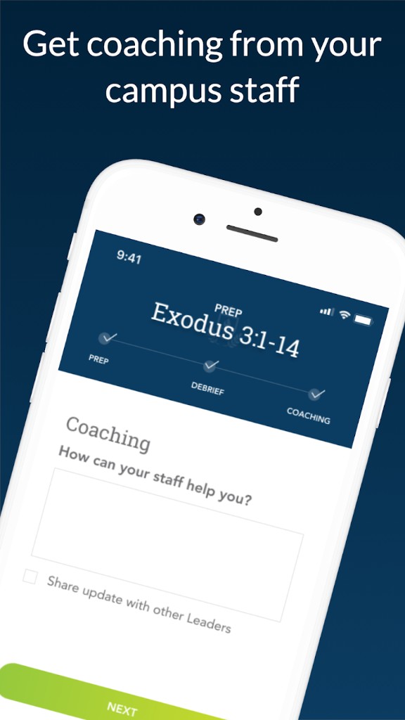 Lead app coaching screen for a Bible study, with a prompt to ask campus staff for help and share updates with other leaders