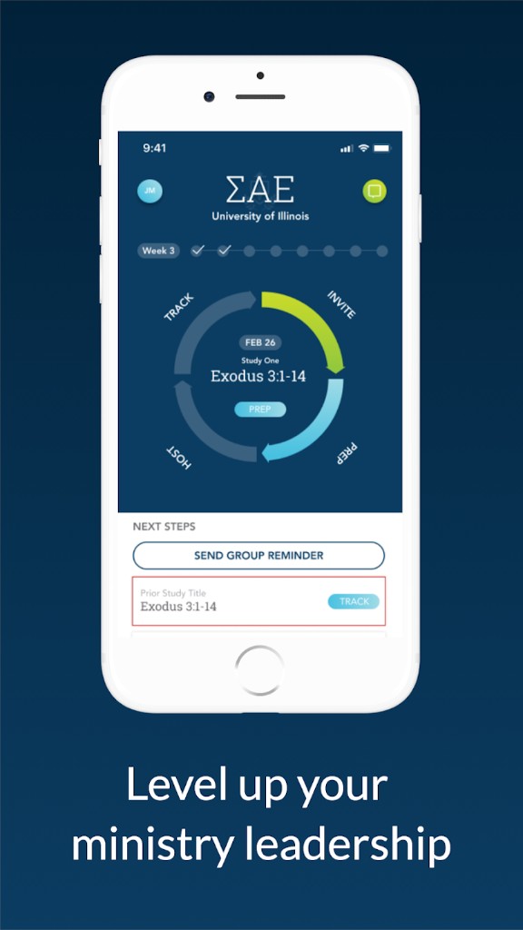 Lead app dashboard showing a ministry group, weekly lesson progress, and next steps including group reminders and tracking